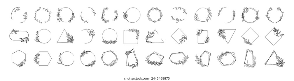 Hand drawn floral frames with flowers, branch and leaves. Set of floral design elements, frames and labels made with continuous line drawing