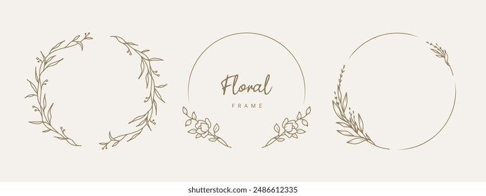 Hand drawn floral frames with flowers, branch and leaves. Elegant logo template. Vector illustration for labels, branding, business identity, wedding invitation