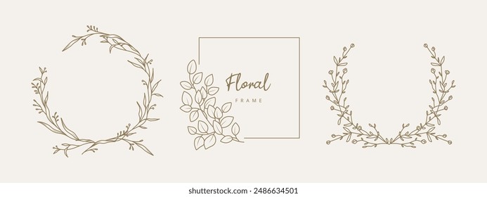 Hand drawn floral frames with flowers, branch and leaves. Elegant logo template. Vector illustration for labels, branding, business identity, wedding invitation