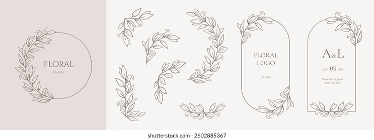 Hand drawn floral frames with flowers, branch and leaves. Elegant logo template. Delicate botanical borders and wreaths in line art and silhouette style. Vector illustration for invitation, card, logo