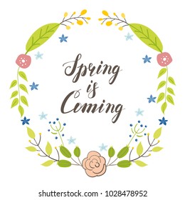 Hand drawn floral frames with lettering spring is coming. Pastel shades