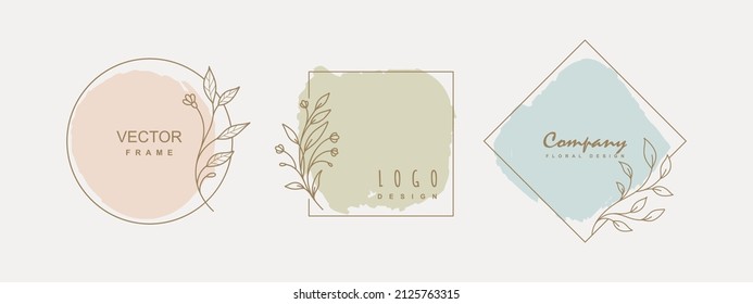 Hand drawn floral frames. Logo template in minimal style with flowers. Botanical trendy vector illustration for labels, 
branding business identity, wedding invitation. Vector illustration