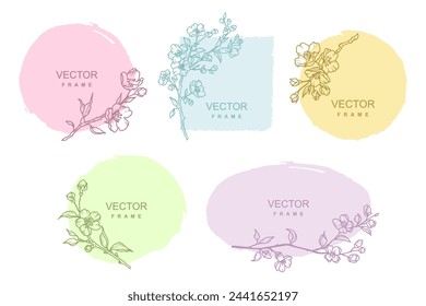 Hand drawn floral frames. Logo template with spring flowers in line style. Botanical sketch vector illustration for labels, corporate identity, wedding invitations