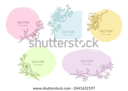 Hand drawn floral frames. Logo template with spring flowers in line style. Botanical sketch vector illustration for labels, corporate identity, wedding invitations