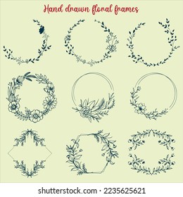 Hand drawn floral frames. Round, oval, triangle, square Borders decorated with hand drawn delicate flowers, branches, leaves, blossom. illustration. 