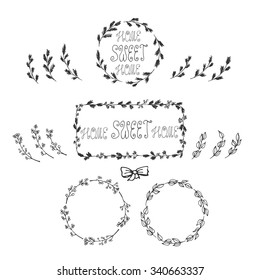 Hand drawn floral frames with separate branches and elements.Round frames made of leaves, berries and christmas tree branches. Home Sweet Home lettering. Black and white bow.Vector stock illustration.