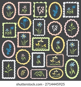 Hand drawn floral frames set. Vector design. Colorful silhouettes pattern.  Vector design.