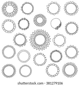 Hand drawn floral  frames set. Cartoon style. Vector.