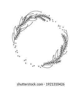 Hierba silvestre dibujada en línea, helecho, corona circular. Vector vintage botánico. Silhouette de tinta dibujada a mano con planta, ramas, hojas aisladas en blanco. Fondo floral. Esbozo de elemento natural.