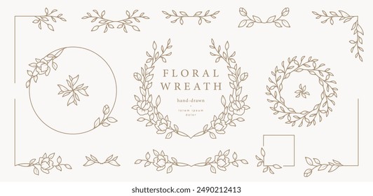 Hand drawn floral frames, wreaths, corners with flowers, branches and leaves. Trendy greenery elements in line art style. Vector for label, corporate identity, wedding invitation, card