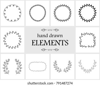Hand drawn floral frames and wreaths and borders. Cute items for your branding. This collection can be used for creating logos, business cards, postcards, wedding invitations