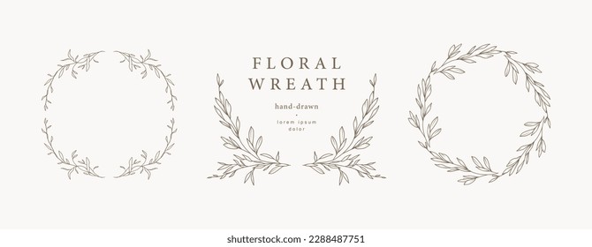 Hand drawn floral frames, wreats with flowers, branches and leaves. Elegant logo template. vector illustration for label,
branding business identity, wedding invitation