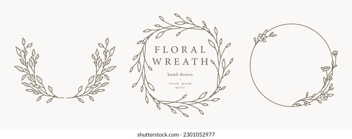 Hand drawn floral frames, wreats with flowers, branches and leaves. Elegant logo template. vector illustration for label, branding business identity, wedding invitation