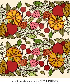 Hand Drawn Floral fruit . Vector illustration of fruits and blooming tree flowers set. Juicy fresh apples, cherries, raspberries, strawberries, whole oranges, doodle color