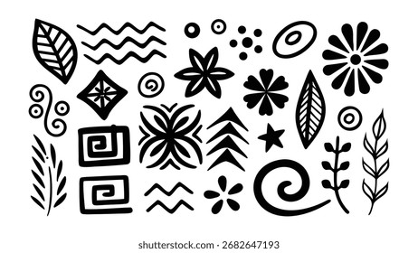 Elementos florais e geométricos desenhados à mão criam um padrão decorativo para o design.