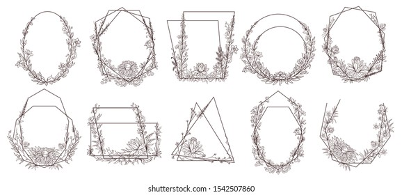 Hand drawn floral geometric frames. Flower, leaves and branches wreath frame to decorate wedding invitation. Flowers on borders, ink decor leaf doodle logotype. Isolated vector icons set