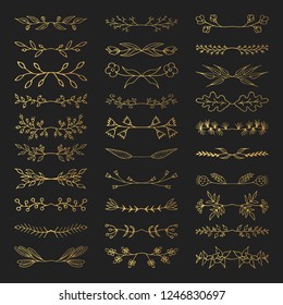 Hand drawn floral golden branch dividers. Vector isolated elements. Wedding flourish gold borders for invitation card.