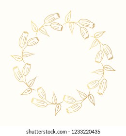 Hand drawn floral golden frame. Vine garland. Vector isolated design elements. Gold vintage wreath.