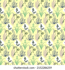 Vector gráfico floral dibujado a mano patrón sin fisuras con flores pradera silvestre, moda estilo boho