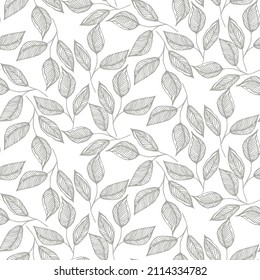 Hand drawn floral greenery for textile design. Ink drawn leaves seamless pattern