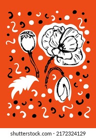 Hand drawn floral greeting card. Cute sketch poppy flower vector illustration in trendy doodle style with spots, dots, lines. Pretty woman, girl t shirt print, poster, banner