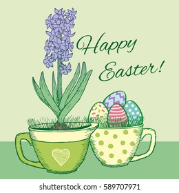 Hand drawn floral happy easter poster with blooming natural hyacinth in pot and ornate eggs in mug vector illustration 