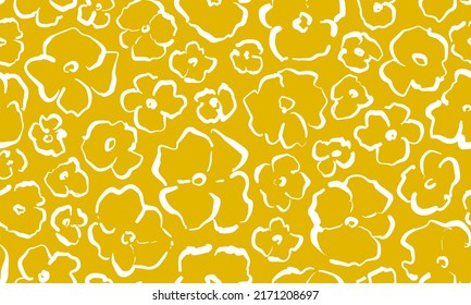 Hand drawn floral heads seamless repeat pattern. Random placed, vector blooms all over surface print on yellow background.