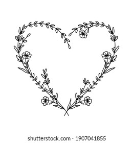 Hand Drawn Floral Heart Frame Wreath On White Background