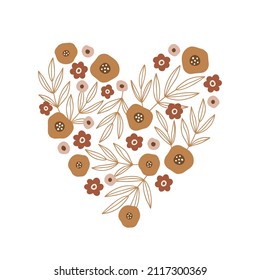 Hand drawn floral heart isolated on white. Botanical romantic symbol for Valentines Day and Mothers Day. Vector heart shape with blooming flowers and leaves. Charming summer illustration
