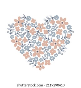 Hand drawn floral heart isolated on white. Botanical romantic symbol for Valentines Day and Mothers Day. Vector heart shape with blooming flowers and leaves. Charming summer illustration