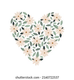 Hand drawn floral heart isolated on white. Botanical romantic symbol for Valentines Day and Mothers Day. Vector heart shape with blooming flowers and leaves. Charming summer illustration