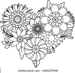 Hand drawn floral heart pattern. Doodle design for a coloring book or background decorative. Relaxation for adults and kids. Vector Illustration.