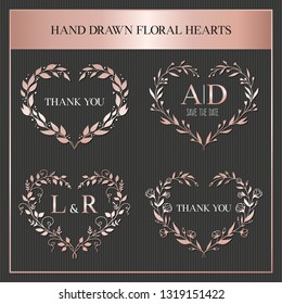 Hand drawn floral hearts collection. Wedding stamps. Heart shaped wreath. Print design vector illustration.