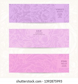 Hand drawn floral horizontal banners with roses, dahlia, poppy, iris, marigold, leaves in purple, pink, violet colors. Decorative art flowers background vintage style.