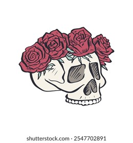 Hand drawn floral human skull with rose wreath isolated on white background. skeleton head with flowers design