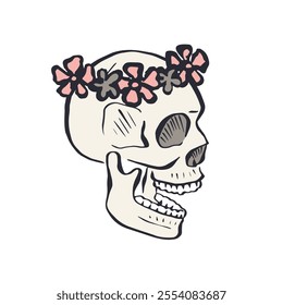 Hand drawn floral human skull with pink flowers wreath isolated on white background. Monochrome skeleton head with flowers design