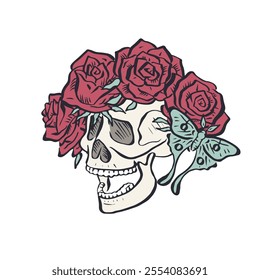 Hand drawn floral human skull with rose wreath isolated on white background. Boho Monochrome skeleton head with flowers desig