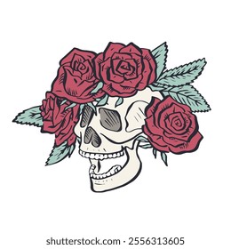 Hand drawn floral human skull with rose wreath isolated on white background. Boho skeleton head with flowers design