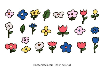 Hand Drawn Floral Icon Set. A collection of 23 hand-drawn floral icons featuring various flowers, petals, and leaves. Perfect for floral, garden, and nature-themed designs