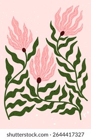 Hand drawn floral illustration with bold pink petals and wavy green leaves. Playful dotted texture and whimsical botanical forms on soft pastel background. Perfect for modern prints, wall decor