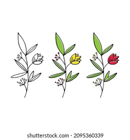 Hand drawn floral illustration. Floral branch with a flower in bloom and berries. Wedding motif. Organic shape. Delicate botanical drawing.