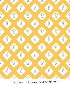 Hand drawn floral illustration pattern on yellow background.