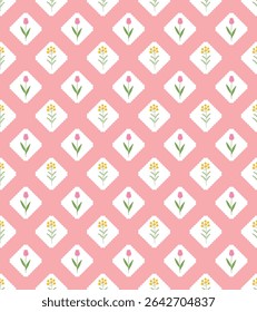 Hand drawn floral illustration pattern on pink background.