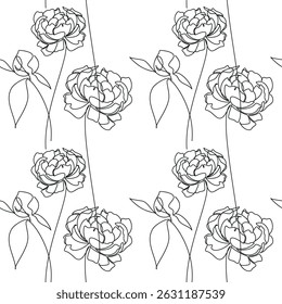 Hand drawn floral illustration. Peonies seamless pattern vector. Abstract botanical wallpaper. Flower line continuous drawing, cartoon background, fabric, textile print, garden plant backdrop.