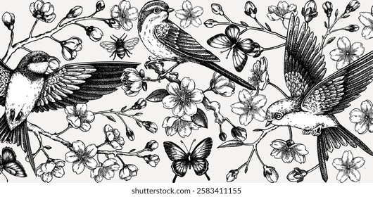 Hand drawn floral illustration for print. T-shirt design. Cherry blossom and flying bird sketch illustration. Vintage spring background. NOT AI generated