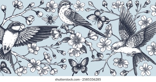 Hand drawn floral illustration for print. T-shirt design. Cherry blossom and flying bird sketch illustration. Vintage spring background. NOT AI generated