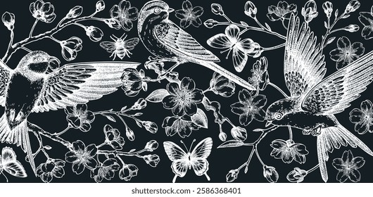 Hand drawn floral illustration for print. T-shirt design. Cherry blossom and flying bird chalk drawing. Vintage spring background. NOT AI generated