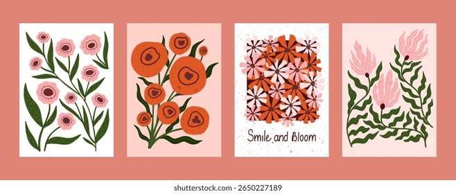 Hand drawn floral illustration with quote Smile and Bloom. Colorful daisy pattern in warm tones of orange, pink and white. Cute motivational print perfect for kids room, greeting cards, posters