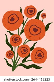 Hand drawn floral illustration with round orange blooms and dark centers, accented by curved green leaves. Playful botanical design on a pastel background, perfect for wall art, prints
