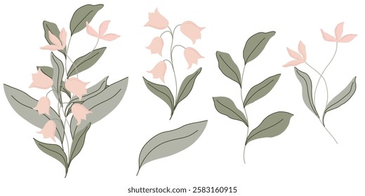 Hand drawn floral illustration with soft pink flowers and green leaves in a minimalist style. Elegant botanical composition, perfect for stationery, textile design, branding, packaging, or decor